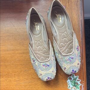 Indian Elegant Beige & Iridescent Beaded Women's Flats